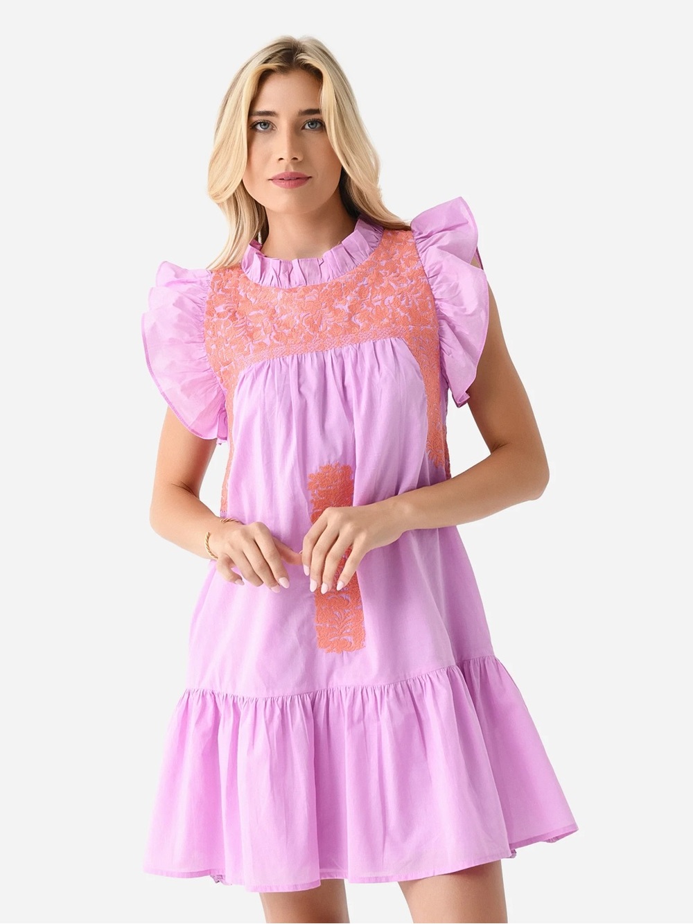 J. Marie Lilac Mini Dress with Orange Embroidery